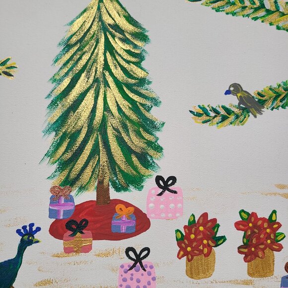 Christmas Peacock Original Painting Winter Artwork Christmas Wall Art - Picture 6 of 7